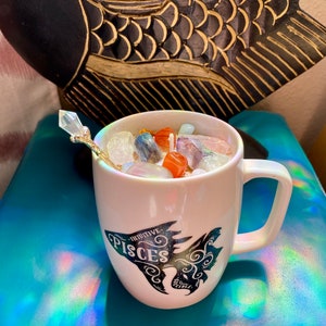PISCES Zodiac Candle Coffee Mug |  WATER Sign birthday Crystal Gift Set Crystal Teaspoon