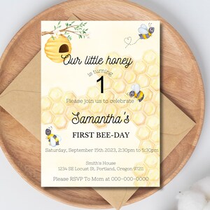 Our Little Honey is turning One, First Bee Day Birthday Invitation, Instant Download, Personalized Invitation