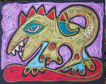 Dinoguana Oil Pastel Original Drawing