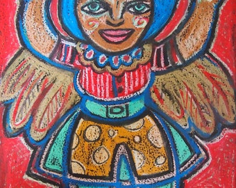 Blue Haired Angel Strong Woman Original Oil Pastel Drawing