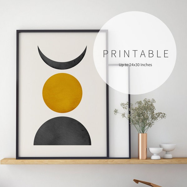 Mid Century Wall Art, Black Moon Gold Sun, Geometric Watercolor Abstract Art, Digital Download Prints, Minimal Gallery Design, Off white