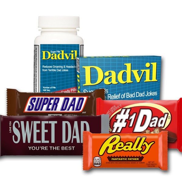 Gift for Dad: The Dadvil Pack! Box/Bottle of Dadvil Plus Dad-Themed Candy Bar Wrappers | Father's Day Gift Dad Christmas Dad Birthday Gift