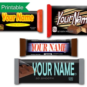 Personalized Candy Bar Wrapper Set for Download & Print - Four styles of wrappers for four different candy bars with your custom names