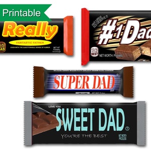May include: Four printable chocolate bar wrappers with different designs for Father's Day. The wrappers feature the text "Really Fantastic Father", "#1 Dad", "Super Dad", and "Sweet Dad".