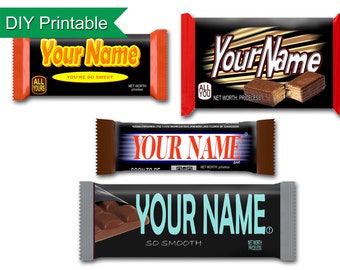 Personalized Candy Bar Wrapper Set for Download & Print - Four styles of wrappers for four different candy bars with your custom names