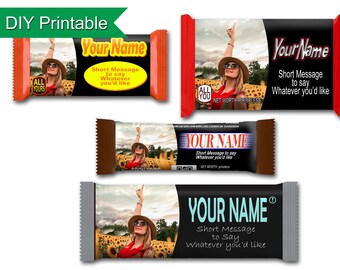 Personalized Candy Bar Wrapper Set for Download & Print - Four styles of wrappers for different candy bars with your custom name and photo