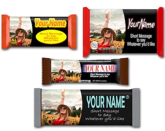 Personalized Candy Bar Wrapper Set - Four styles of wrappers for four different candy bars with your custom names