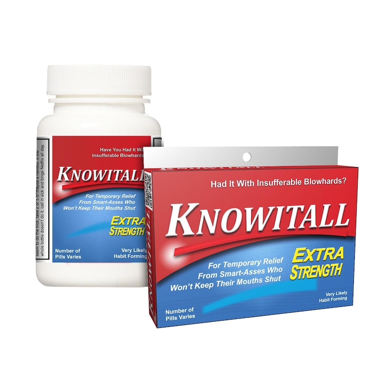 A joke medicine bottle and pill box labeled "Knowitall"