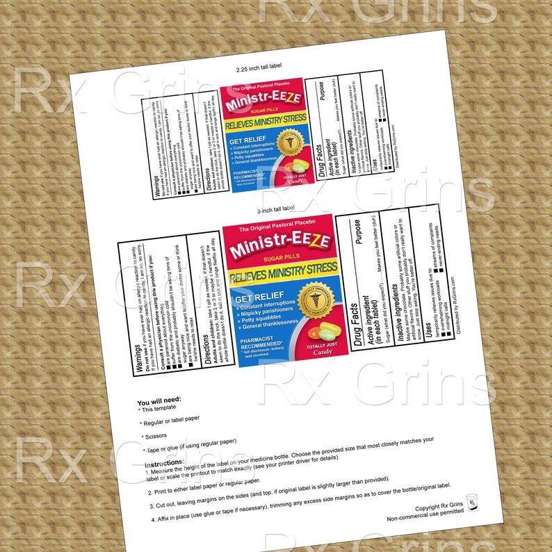 Puede incluir: Plantilla imprimible para una etiqueta de 5,7 cm de alto para una botella de "Ministr-EEZE Sugar Pills" que alivia el estr&eacute;s ministerial. La etiqueta presenta un dise&ntilde;o rojo y blanco con el texto "Ministr-EEZE" en una fuente roja en negrita. La etiqueta tambi&eacute;n incluye una peque&ntilde;a imagen de un caramelo verde y amarillo.