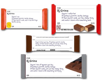 Prescription Chocolate Bar Wrappers - Four styles of wrappers for four different candy bars that look like prescriptions