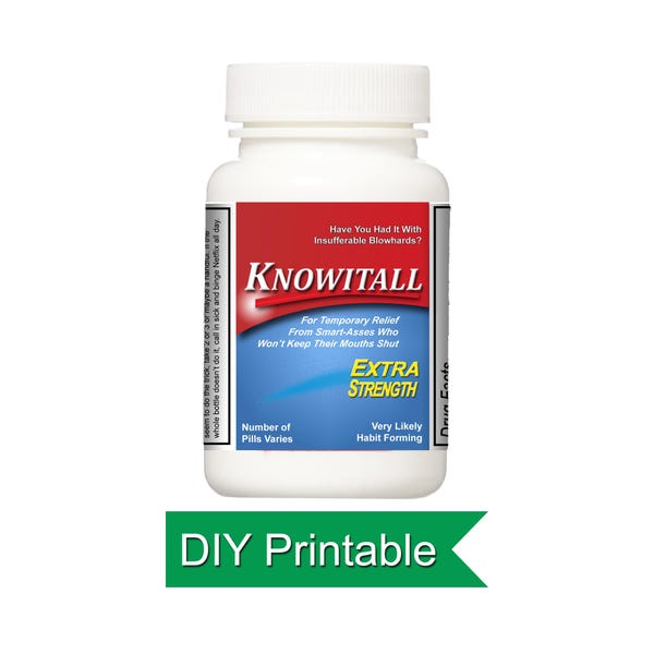 Knowitall Pill Bottle Label: PDF Gag Gift