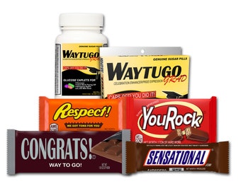 Graduation Gift: The Waytugo Pack! Box/Bottle of Waytugo GRAD Plus Congratulations Themed Candy Bars | Grad gag gift College Graduate