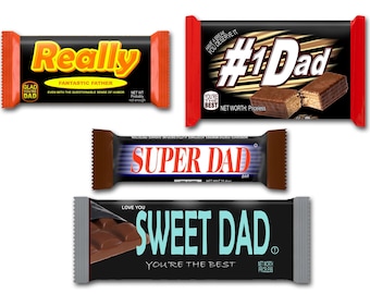 Dad Gift Candy Bar Wrapper Set - Four styles of Dad-themed candy wrappers for four different candy bars. Great Father's Day Gift!