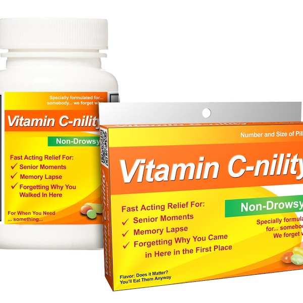 Over the hill gift: Vitamin C-nility Box or Bottle! Funny gift for 40th, 50th, 60th birthday, or for any "old timers". Laugh together!