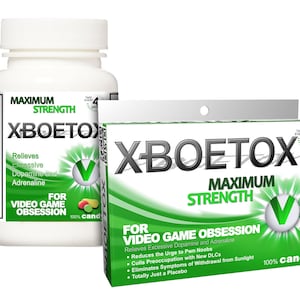 May include: A green and white box and bottle of XBOETOX Maximum Strength candy. The box and bottle feature the text "XBOETOX Maximum Strength" and "For Video Game Obsession". The box has a green checkmark and the text "100% Candy".