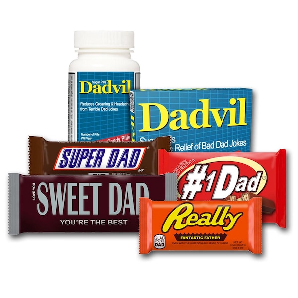 Cadeau voor papa: het Dadvil-pakket! Doos/fles Dadvil Plus Candy Bar-wikkels met papa-thema | Vaderdagcadeau vader kerstcadeau vader verjaardag