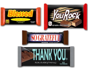 Thank You Candy Bar Wrapper Set - Four styles of wrappers for four different candy bars. Great Employee Appreciation Gifts!