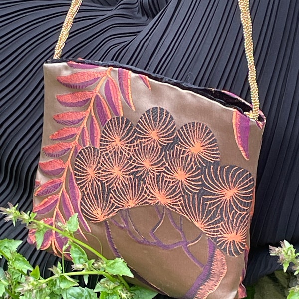 unique handmade couture  evening silk bag in asian garden print with crossbody/shoulder brass braided chain