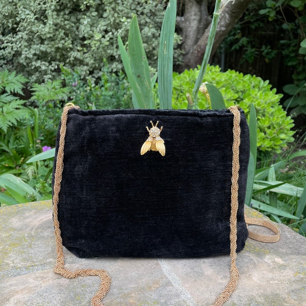 black velvet handbag with vintage bee brooch ,custom couture ,plush velvet with brass chain, evening/ day wear, fashionable, stylish, chic