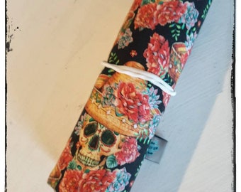 Pen roll, pencil case, skulls