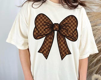 Brown Checkered Bow Graphic Tee