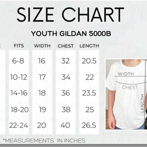 May include: A size chart for Youth Gildan 5000B t-shirts. The chart includes sizes XS to XL, with corresponding measurements in inches for width, chest, and length. A diagram illustrates how to measure the shirt.