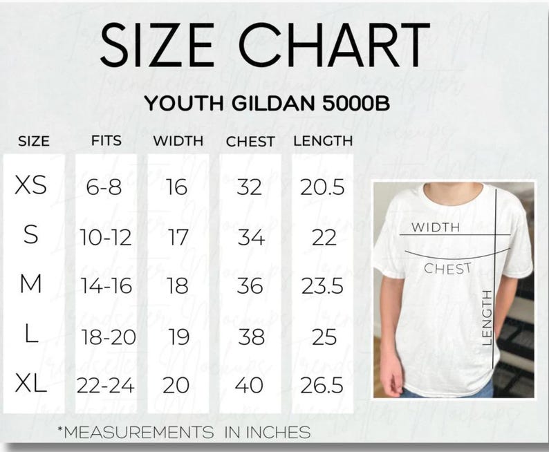 May include: A size chart for Youth Gildan 5000B t-shirts. The chart includes sizes XS to XL, with corresponding measurements in inches for width, chest, and length. A diagram illustrates how to measure the shirt.