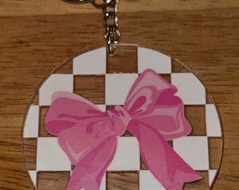 Cowgirl Aesthetic Acrylic Keychain: Pink Bow & Checkerboard