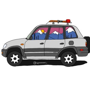 May include: Illustration of a silver SUV with a mountain scene visible through the windows. The artwork includes a spare tire, roof rack, and the artist's signature. The mountain scene features a sunset, trees, and snow-capped peaks.