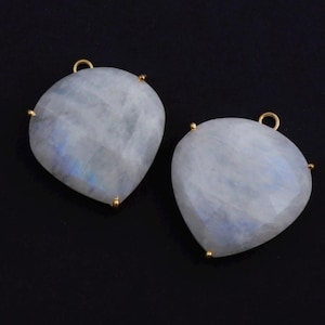 Rainbow Moonstone Heart Pendant, Faceted Moonstone Charm, Gold Prong Set Gemstone Pendant, June Birthstone Jewelry Making Supply, DIY Charms