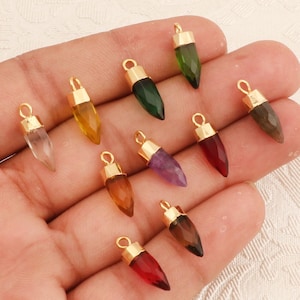 Tiny Spike Pendant, Gemstone Charms Pendant, Gold Electroplated Cap Bail Charm, Faceted Stone Charms, Birthstone Charm For Jewelry Makings