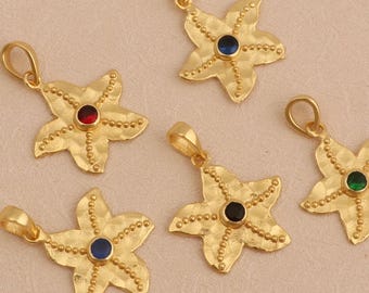 Gold Starfish Pendant Necklace with Blue Gemstone – Handmade Ocean-Inspired Nautical Jewelry – Beach Charm Necklace – Summer Gift for Her