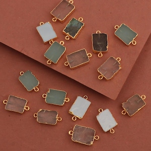 Raw Rectangle Gemstone Charms, Gold Edge Double Loop Pendant, Labradorite Rose Quartz Raw Slice Components, Electroplated Finding Jewelry.
