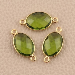 Green Peridot Quartz Connector, Oval Faceted Double Bail Charm, Gold Plated Bezel Link for Jewelry Making, 2 Loop Gemstone Connector