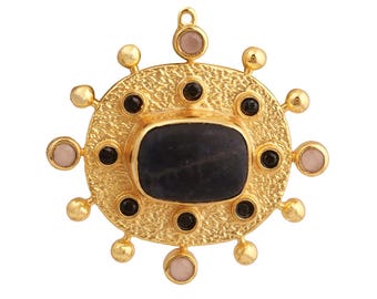 Sunburst Style Gold Pendant with Natural Gemstone, 18K Gold Plated Texture Pendant Charms, Handcrafted DIY Connectors, Gift Components Charm