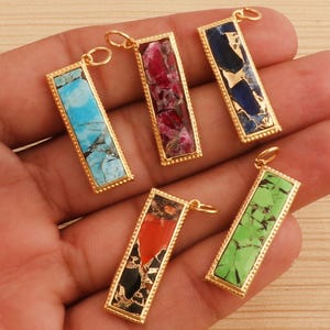 18K Gold Plated Bar Mohave Mojave Pendants, Bezel Set Rectangle Necklaces Charm, Copper Mohave Turquoise Components, DIY Mohave Connectors.