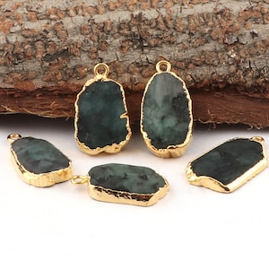 Raw Emerald Pendant, Rough Green Stone Charm, Gold Electroplated Crystal Pendant, Natural Gemstone Jewelry Making Supplies, Birthstone Charm