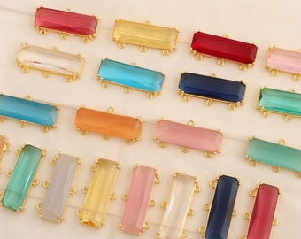 Gold Plated Rectangle Glass Charm, Faceted Baguette Bar Pendant for Jewelry Making, Assorted Colorful Gemstone Connectors, DIY Supplies.