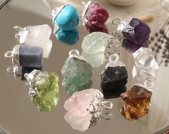 Raw Gemstone Charm Gold Plated Birthstone Charm Healing Crystal Charm Pendant Rose Quartz Moonstone Emerald Ruby Boho Jewelry DIY Charms.