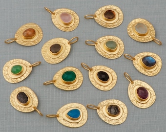 18K Gold Pendants Charms, Amethyst, Chalcedony Gemstone Connectors, For Making Necklace, Oval Pendants, Necklace Bracelet Charms Supply 3733