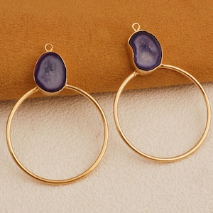 Natural Agate Geode Slice Earring Charms, Gold Plated Druzy Hoop Component Earrings, Single Bail Charms Making Necklace Jewelry For Women.