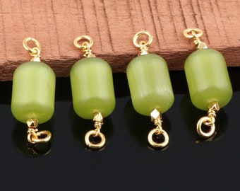 Green Cats Eye Barrel Connectors | Gold Plated Brass Wire Wrapped Gemstone Link | Polished Stone Double Loop Charm | Jewelry Making 1270.