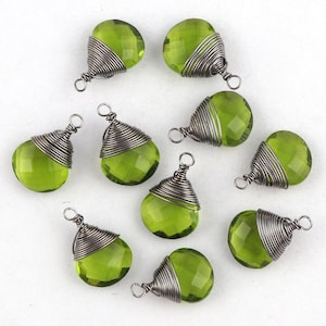 Faceted Peridot Gemstone Pendants, Heart Gemstone Charms, Black Plated DIY Connectors, Wire Wrapped Charms, Necklaces Finding Jewelry 1253