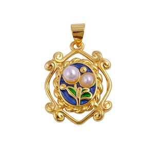 Pearl Gemstone Medallion Pendants, Enamel Floral Pearl Pendant Charms, Gold Plated Enameled Components For Making Necklace Bracelet Jewelry.
