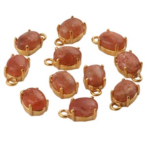 Natural Sunstone Gemstone Connector - Gold Plated Connector Pendant Charms - Oval Shape Prong Set Connectors - Tiny DIY Connectors (GJ-1522)