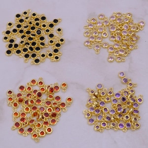 3 mm Faceted Round Bezel Charm, Gold Plated CZ Crystal Pendants, Tiny Birthstone For Making Necklace Jewelry, DIY CZ Loop Connectors 3849