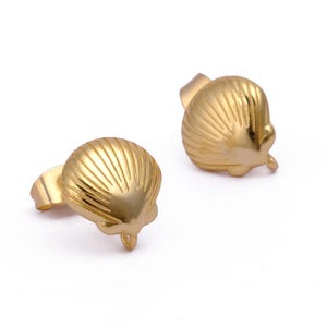 May include: A pair of gold-tone seashell stud earrings. The earrings are made of metal and have a simple, elegant design.