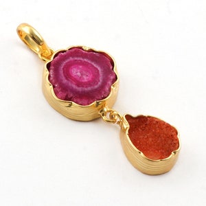 Pink Agate & Orange Druzy Pendant, Double Stone Gold Plated Connector, Boho Crystal Charm for DIY Jewelry Making, Solar Quartz Gift Charms.