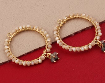 Gold Plated Mother of Pearl Connector Pair, Round Wire Wrapped Gemstone Jewelry Findings, DIY Earring Connectors with Charms.
