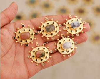 Natural Agate Jasper Sunburst Pendants, Gold Textured Boho Connector for Necklace Making Jewelry, Gemstone Findings 5003